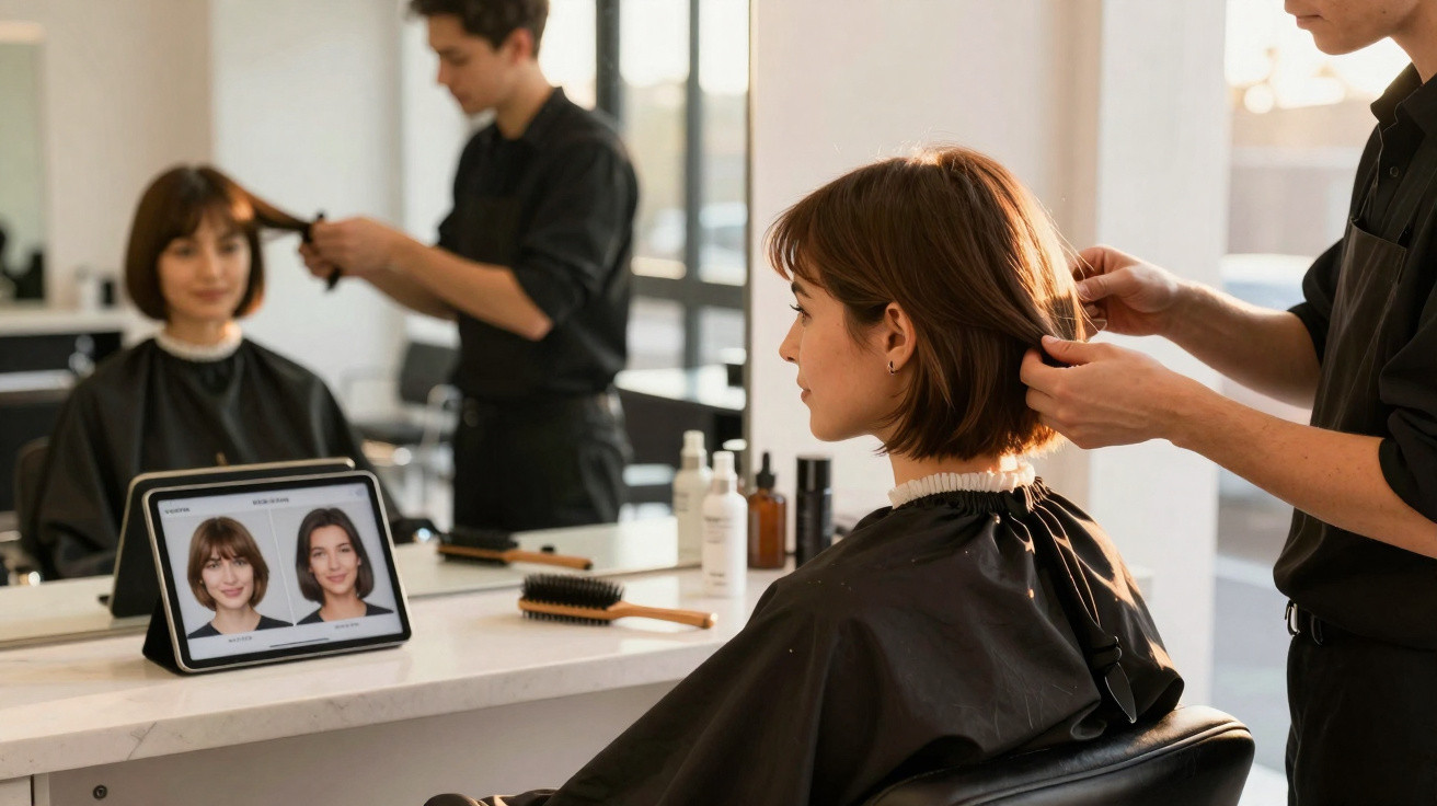 Frau im Friseursalon lässt sich die Haare schneiden, Tablet zeigt Frisurenvergleich vor dem Spiegel.