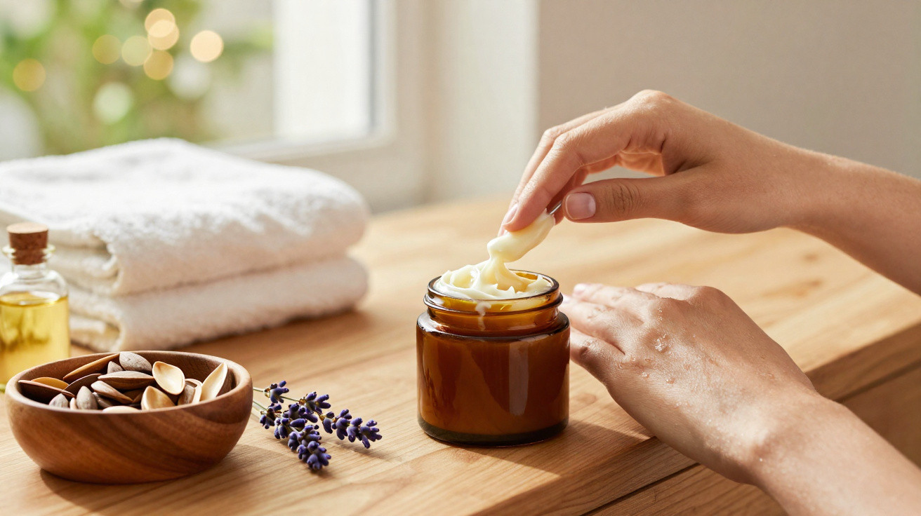 Hand nimmt Cremetropfen aus braunem Glas, um Haut an anderer Hand einzucremen, im Hintergrund Handtücher.