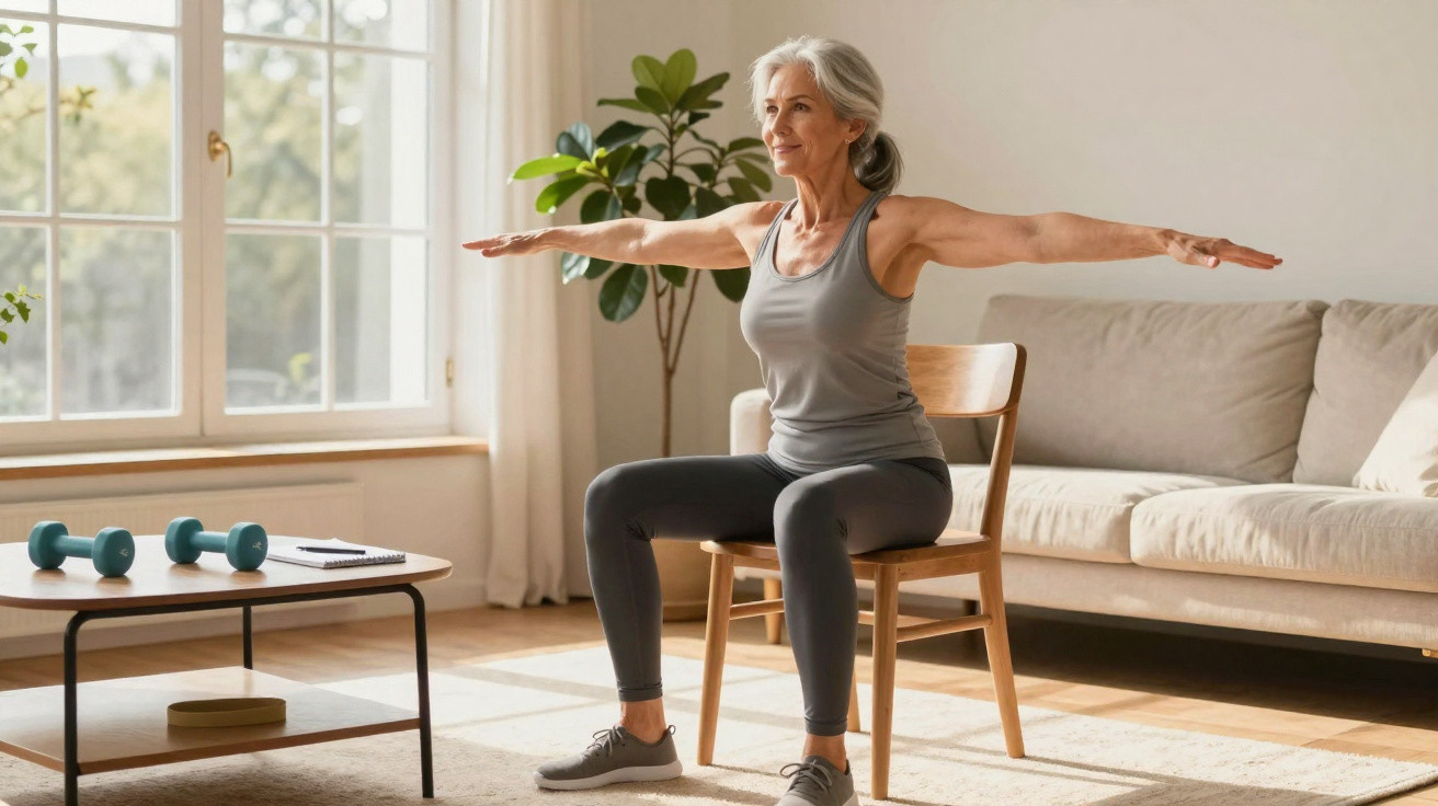 Ältere Frau macht sitzende Yoga-Übung mit Armen ausgestreckt im hellem Wohnzimmer auf Stuhl.