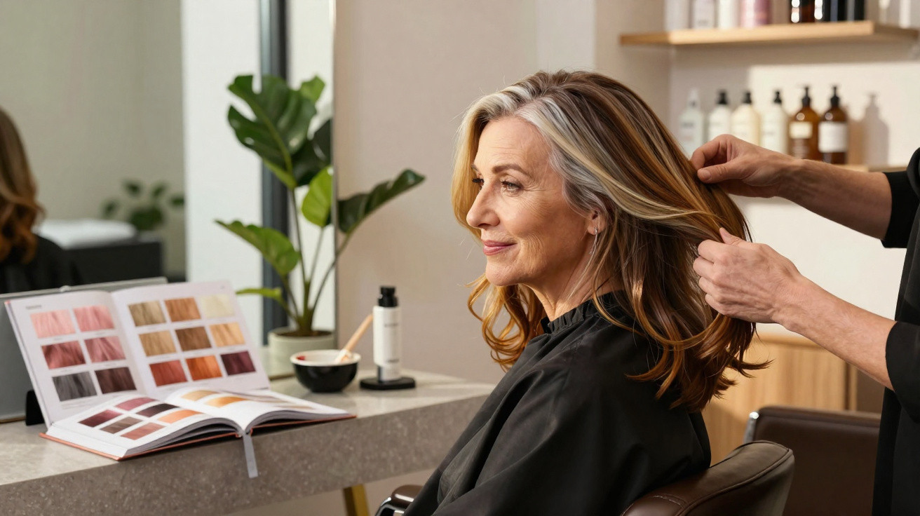 Ältere Frau mit langen, geföhnten Haaren sitzt lächelnd im Friseursalon bei der Haarpflege.