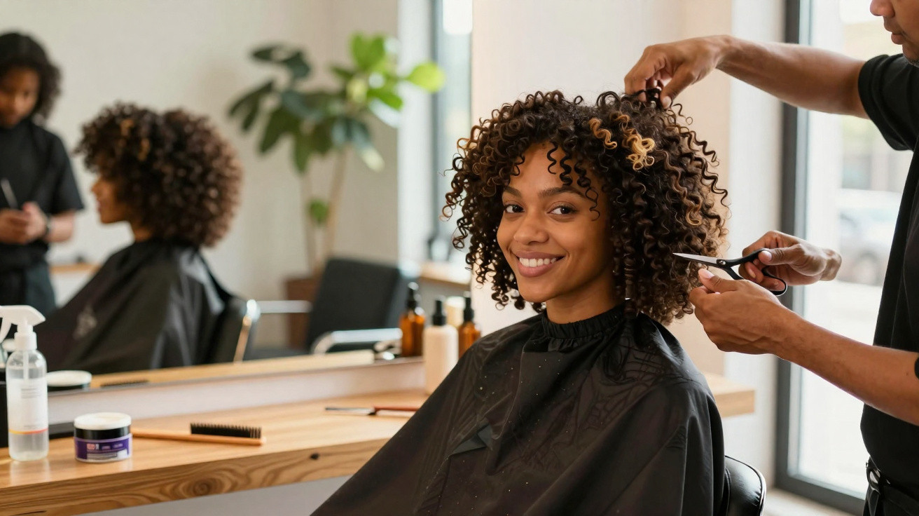 Frau mit lockigem Haar lächelt beim Haarschnitt in modernem Friseursalon vor Spiegel.