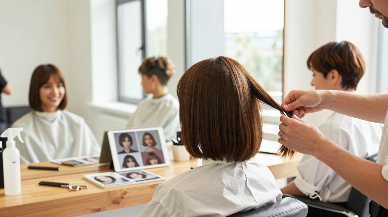 Friseursalon mit Kunden, die Frisuren an einem Tablet auswählen, während ein Stylist Haare eines Kunden begutachtet.