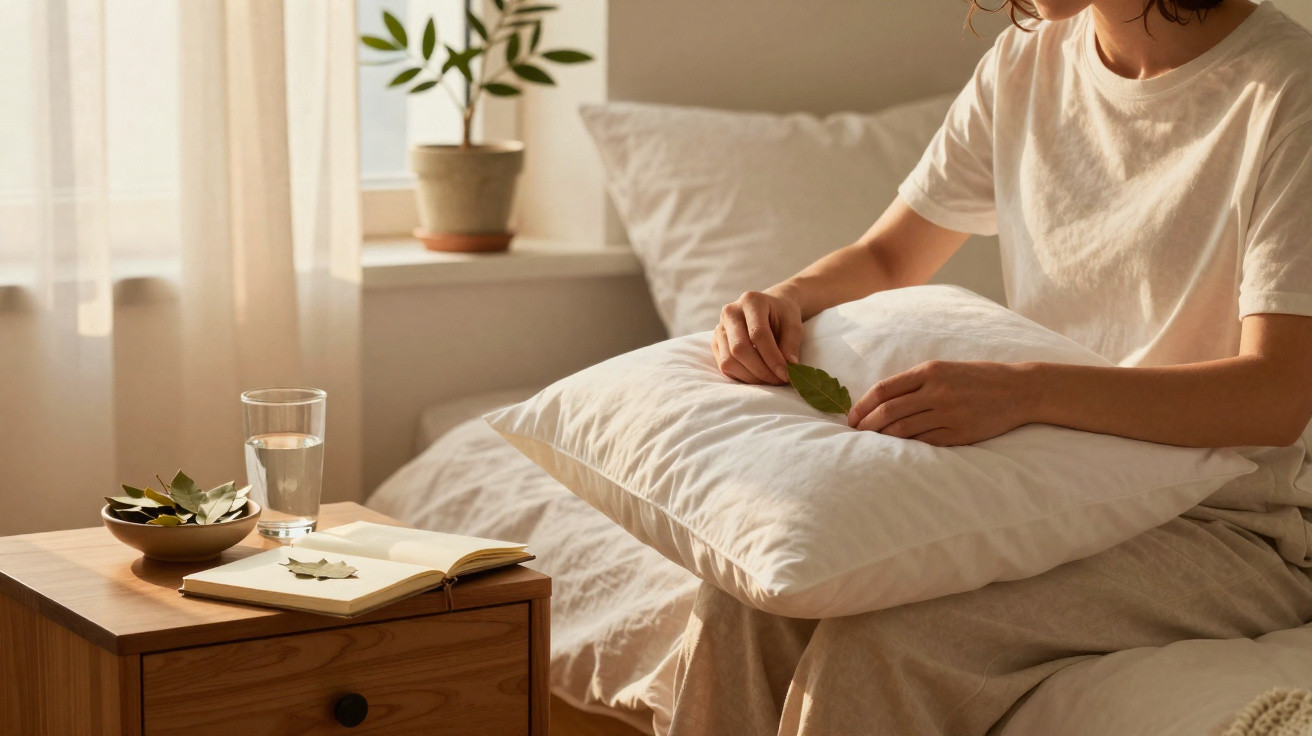 Frau sitzt auf Bett hält Blatt in Händen neben Nachttisch mit Glas Wasser, Buch und Pflanze im Hintergrund