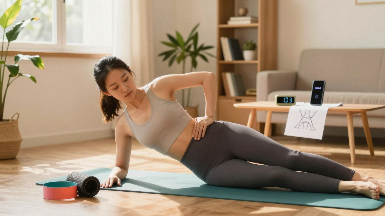 Frau macht Seitstütz-Übung auf Yogamatte im hellen Wohnzimmer mit Fitnesszubehör und digitaler Anzeige.