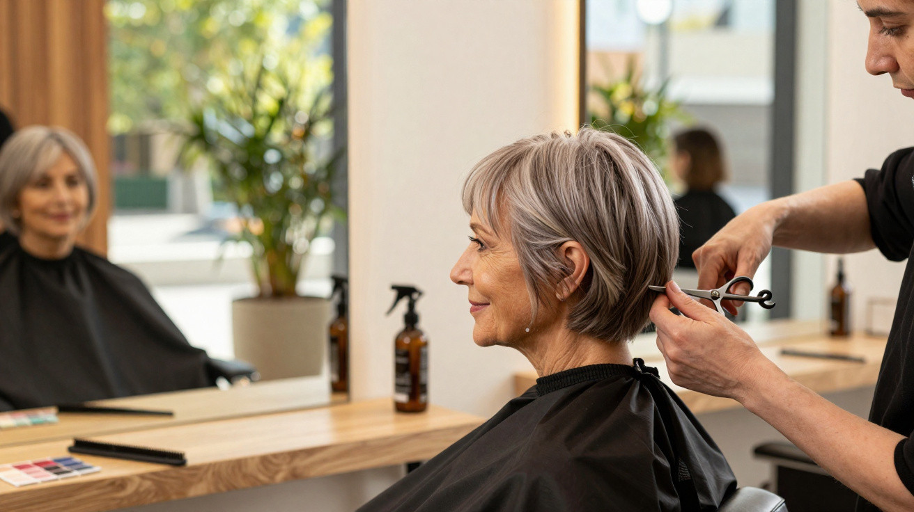 Ältere Frau erhält einen Haarschnitt im Friseursalon vor einem großen Spiegel.