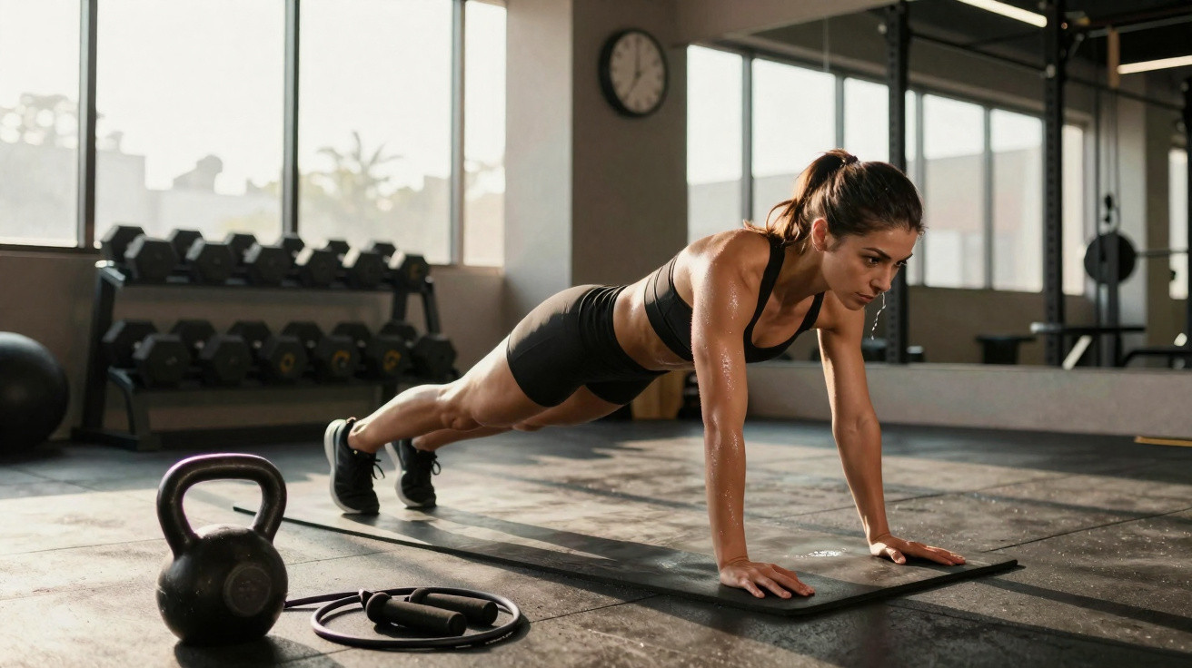 Frau macht Liegestütze auf Matte im Fitnessstudio, kettlebell und Springseil liegen daneben.