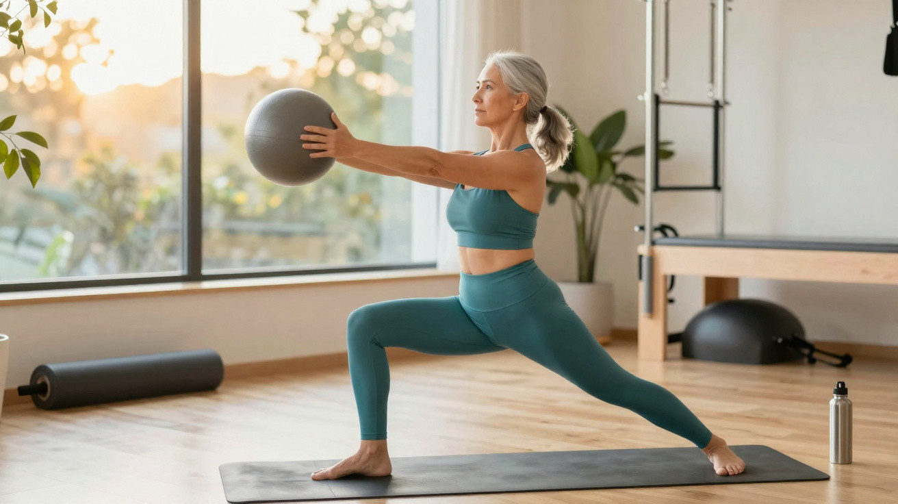 Ältere Frau in Sportkleidung macht Yoga mit Gymnastikball auf Matte vor großem Fenster im hellen Raum.