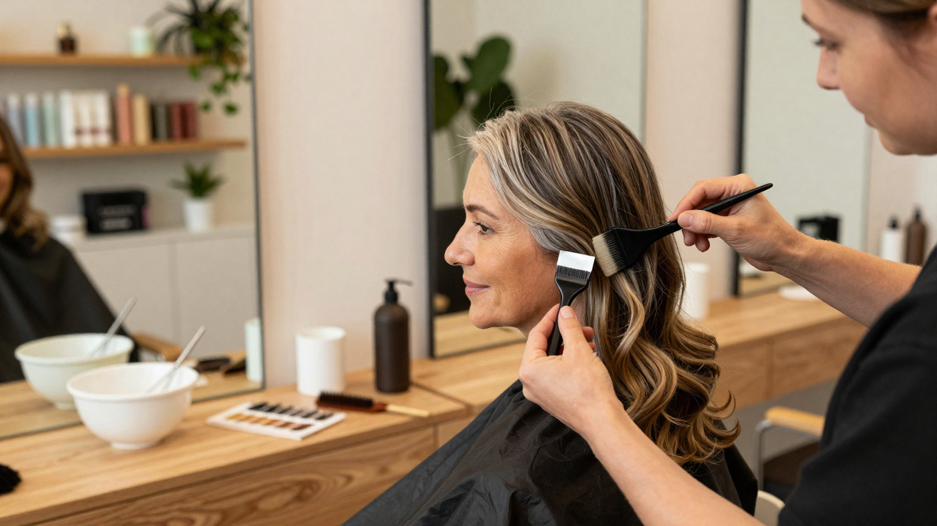 Friseurin trägt Farbe auf das Haar einer älteren Frau in einem modernen Friseursalon auf.