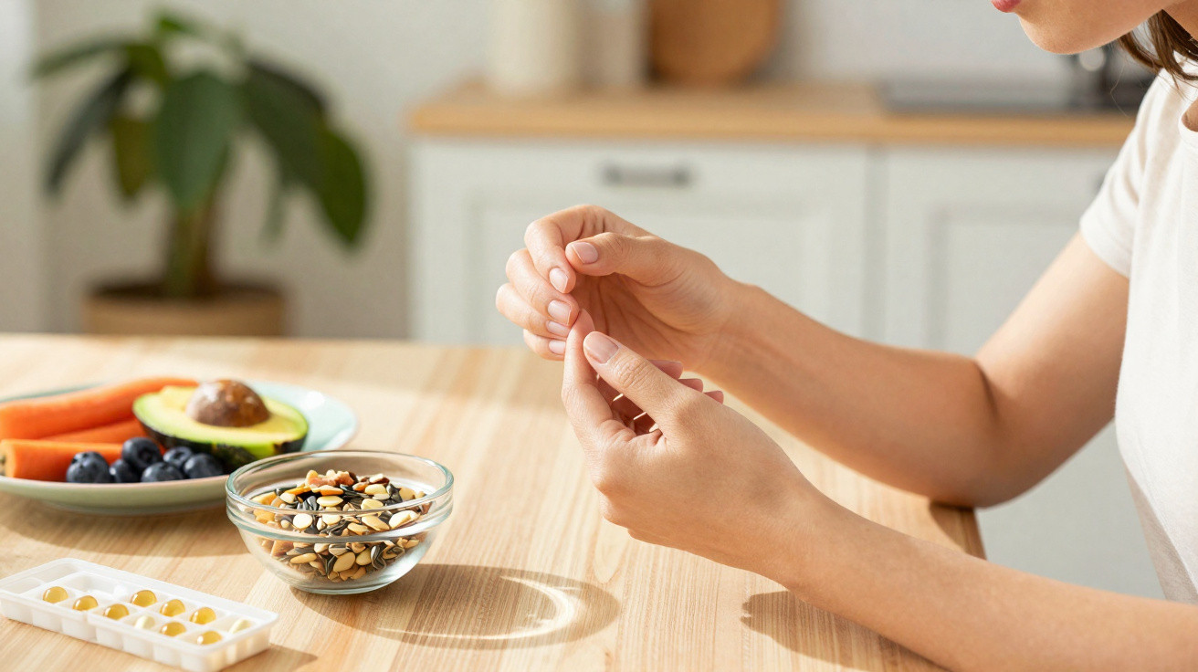Frau hält Nahrungsergänzungsmittel in der Hand, auf dem Tisch gesunde Snacks und Vitamintabletten.