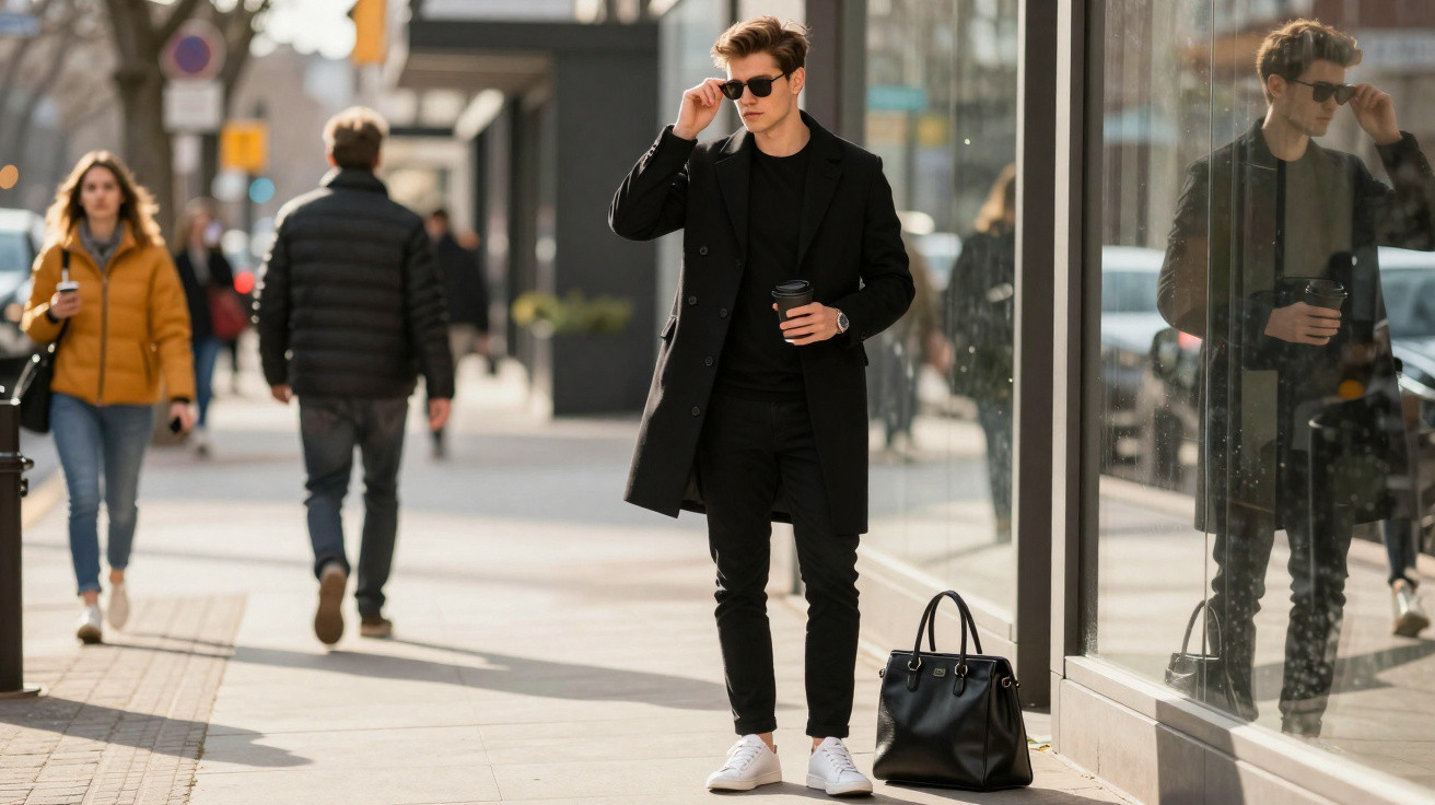 Junger Mann mit Sonnenbrille, schwarzem Mantel und Kaffeebecher steht vor einem Schaufenster in der Stadt.