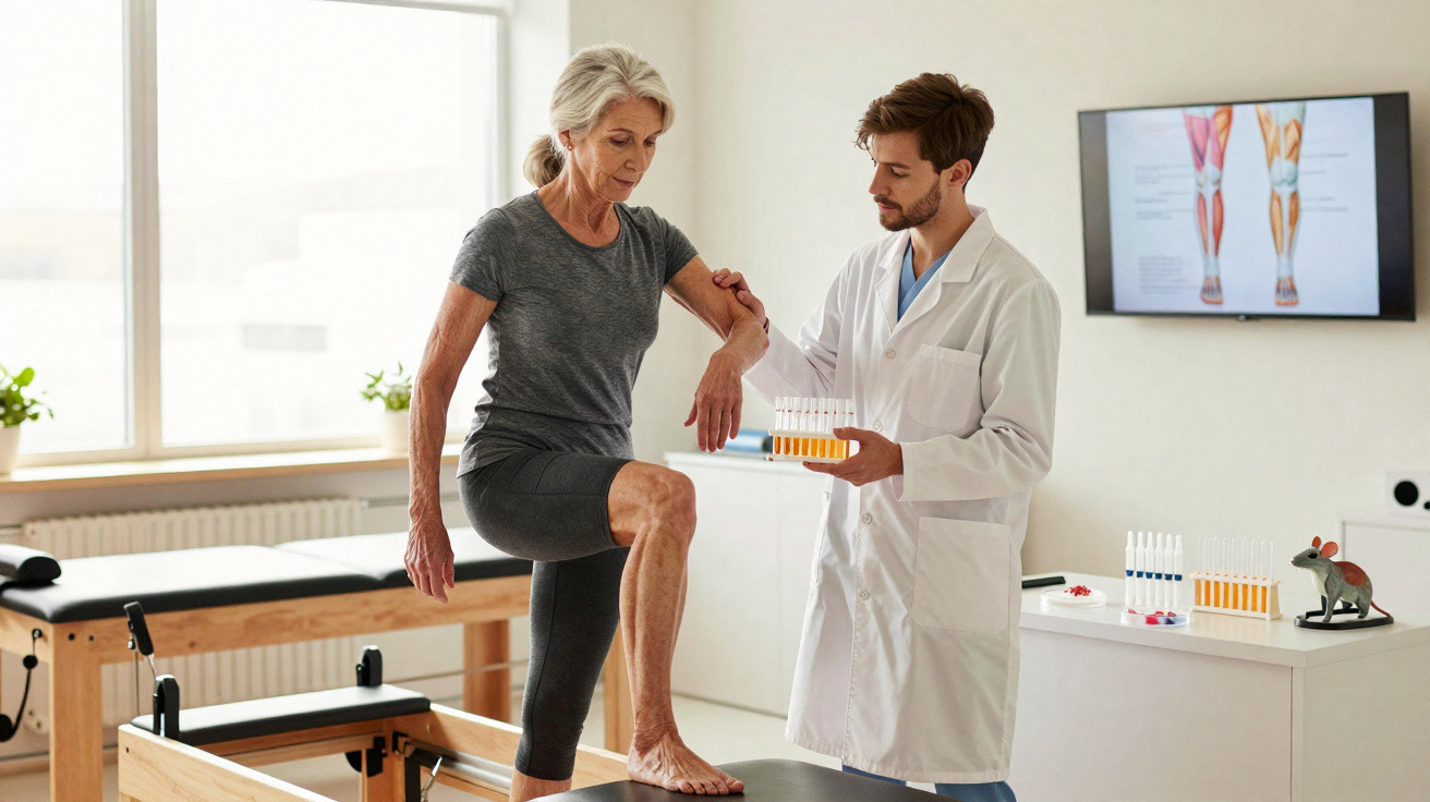 Ältere Frau macht Physiotherapie-Übungen mit einem männlichen Therapeuten in moderner Praxis.