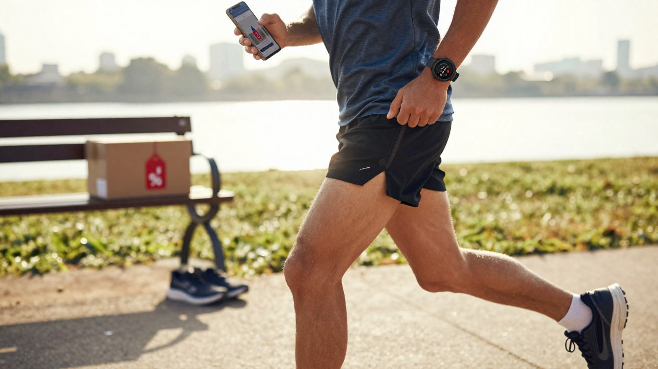 Mann joggt mit Smartphone in der Hand und Sportuhr am Arm auf einem Weg im Freien nahe einer Bank.