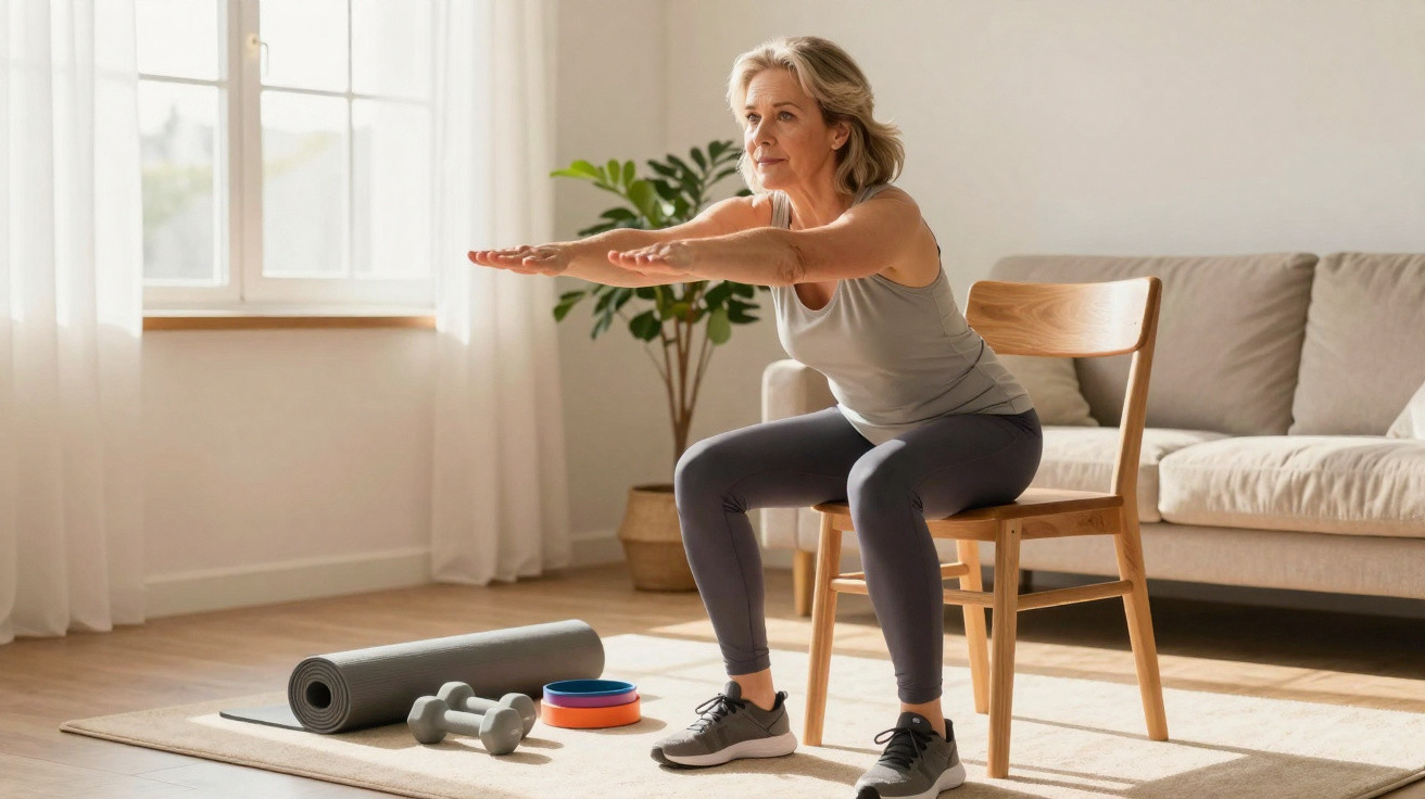 Ältere Frau macht Fitnessübungen im Wohnzimmer, sitzt auf einem Stuhl und streckt die Arme nach vorne aus.