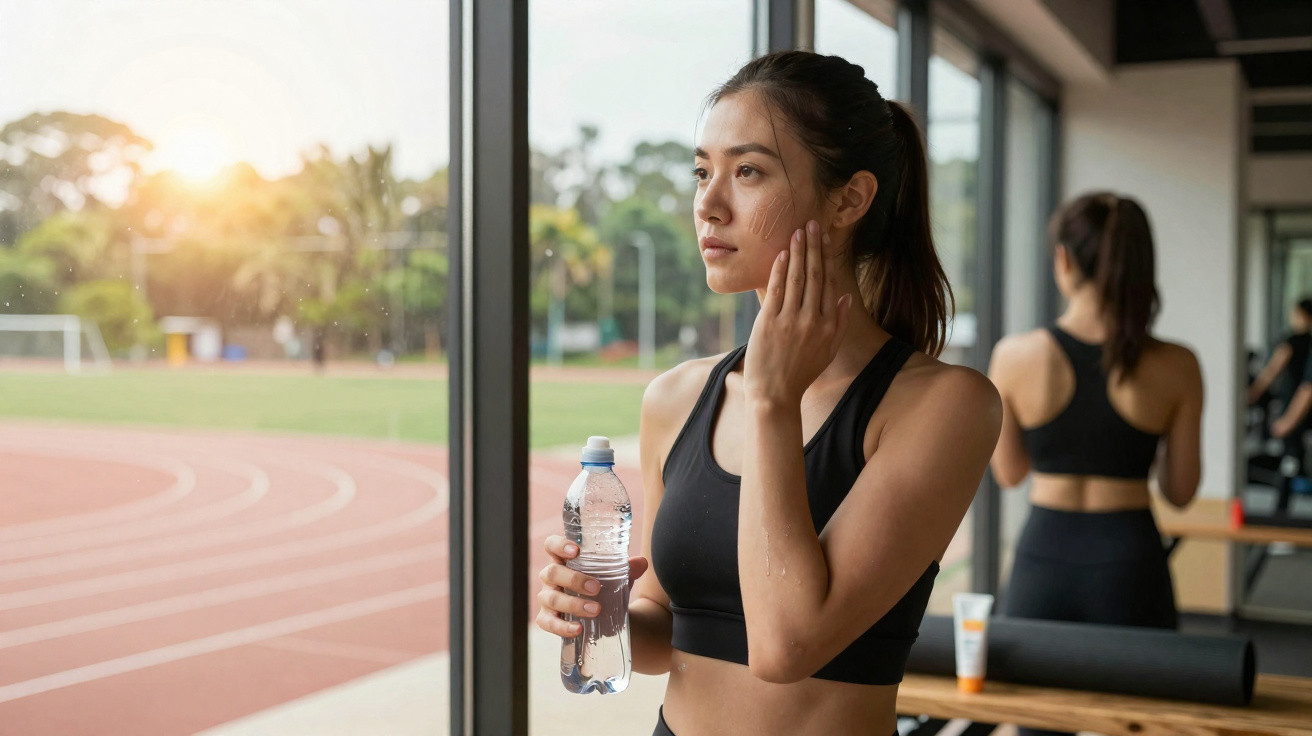 Junge Frau in Sportkleidung mit Wasserflasche steht in Fensternähe und blickt nachdenklich ins Freie.
