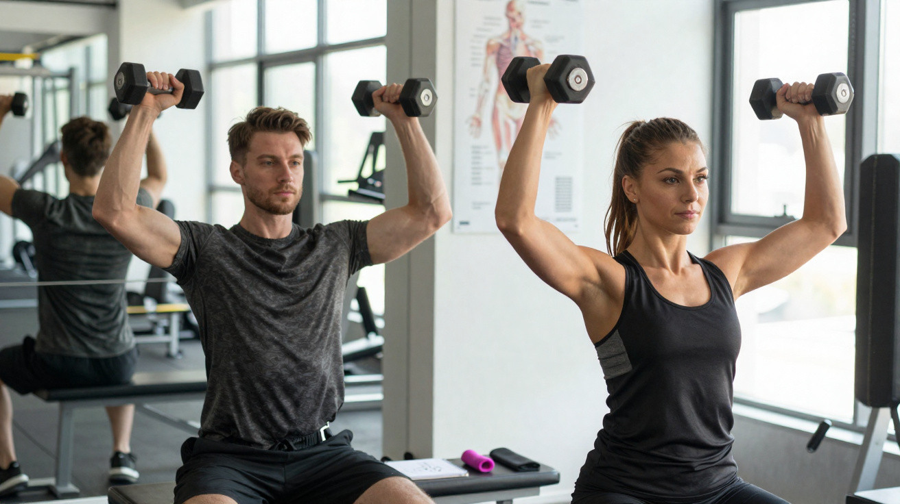 Mann und Frau trainieren Schulterdrücken mit Kurzhanteln im Fitnessstudio vor großen Fenstern.
