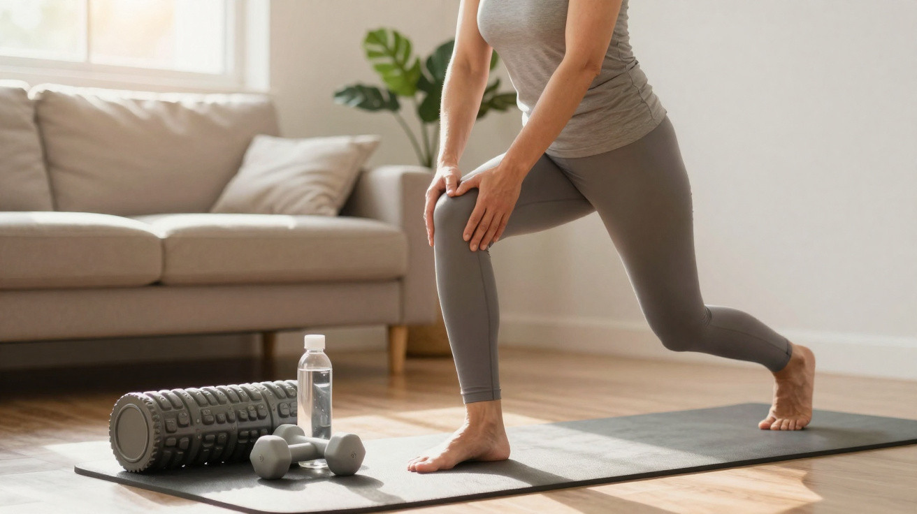 Frau macht Dehnübung auf Yogamatte, neben Hanteln, Faszienrolle und Wasserflasche im Wohnzimmer.