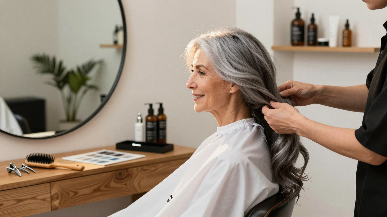 Ältere Frau sitzt im Friseursalon, während Friseur ihre langen grauen Haare stylt.
