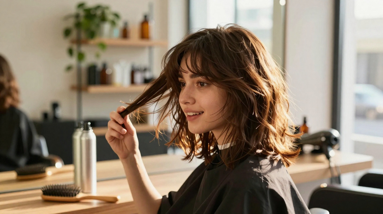 Junge Frau mit kurzen braunen Haaren sitzt lächelnd im Friseursalon vor Spiegel und berührt ihr Haar.