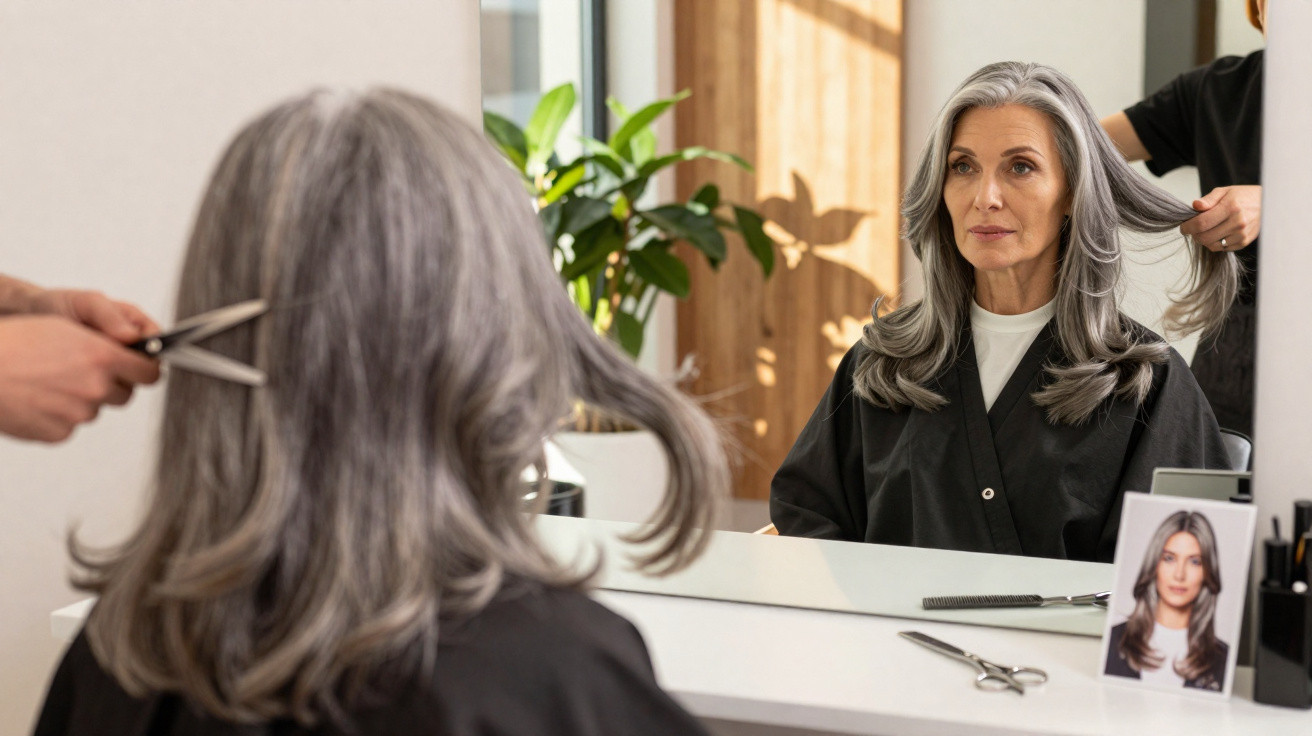 Frau mit grauem Haar sitzt beim Friseur, Frisör schneidet ihre Haare, sie schaut in den Spiegel.