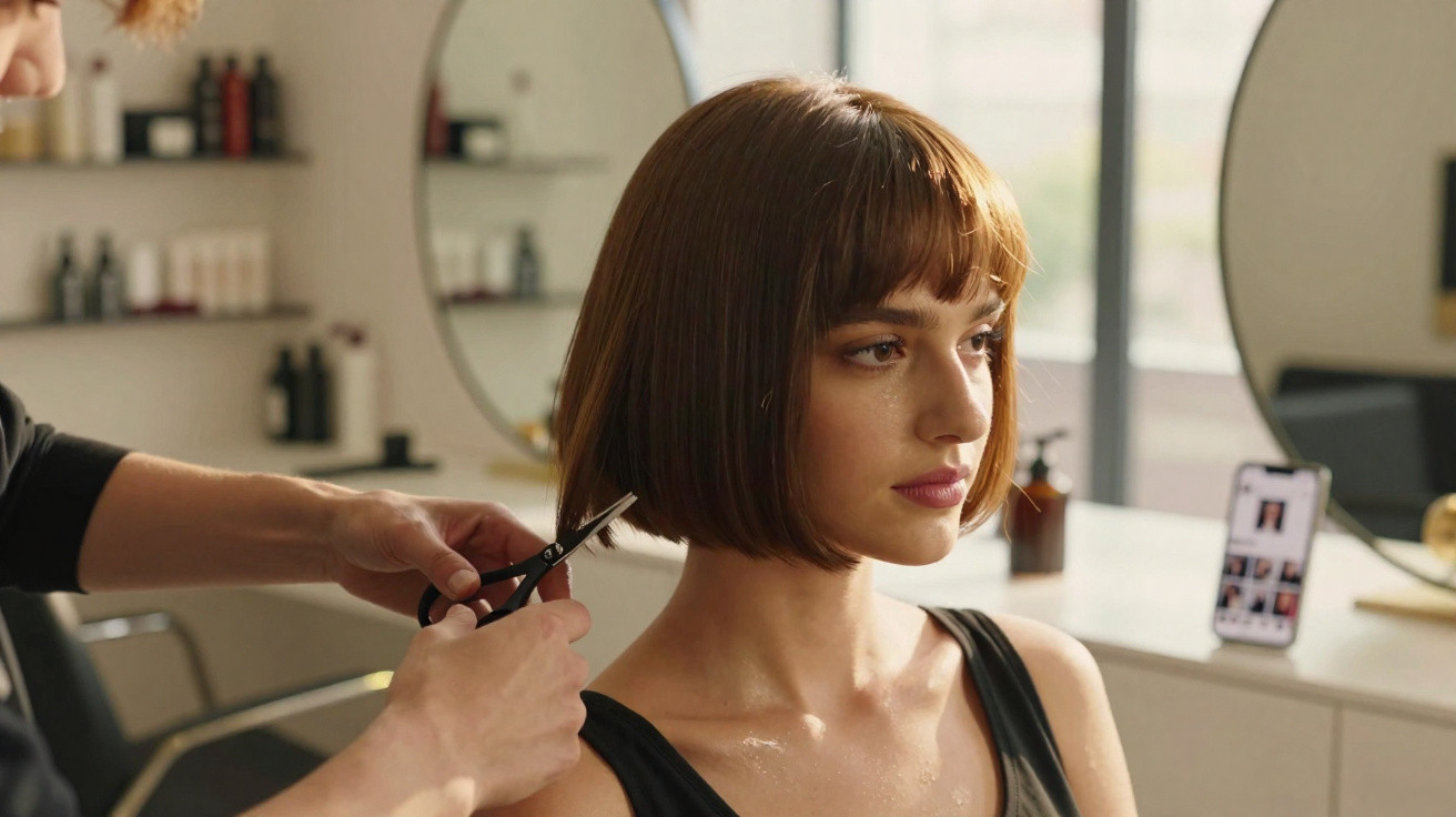 Frau bekommt im Friseursalon einen Bob-Haarschnitt, Friseur schneidet mit Schere die Haare.