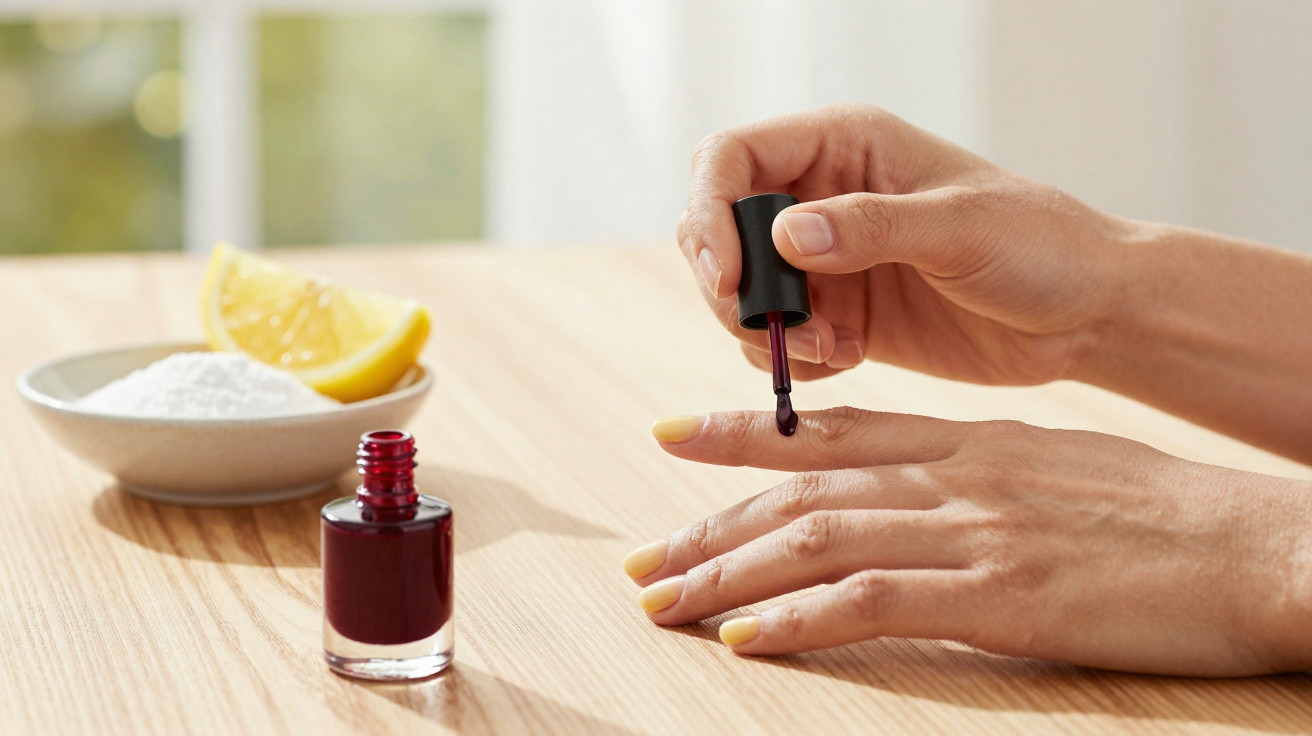 Hand trägt roten Nagellack auf gelben Fingernägeln auf, Zitronenscheibe und Schale mit Pulver im Hintergrund.