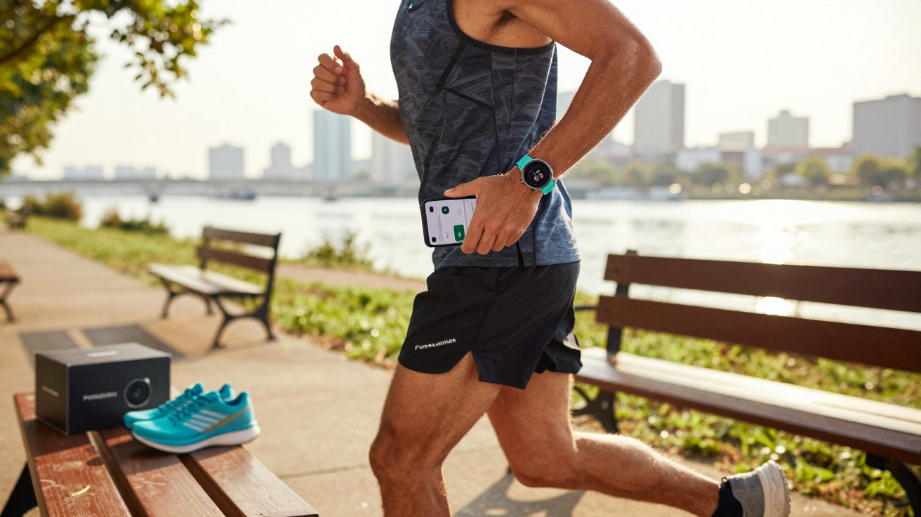 Mann joggt im Park, trägt Smartwatch und hält Smartphone, blaue Laufschuhe liegen auf Bank am Flussufer.