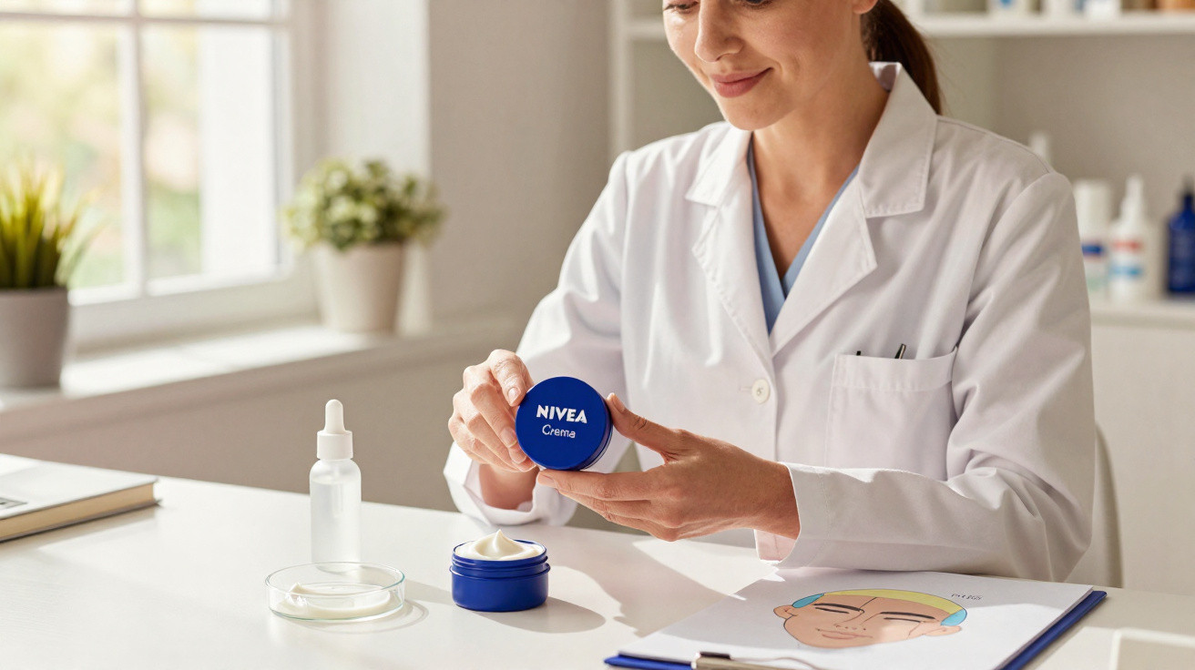 Frau im weißen Kittel hält Nivea Creme in der Hand, Kosmetikprodukte und Gesichtszeichnung auf Tisch.