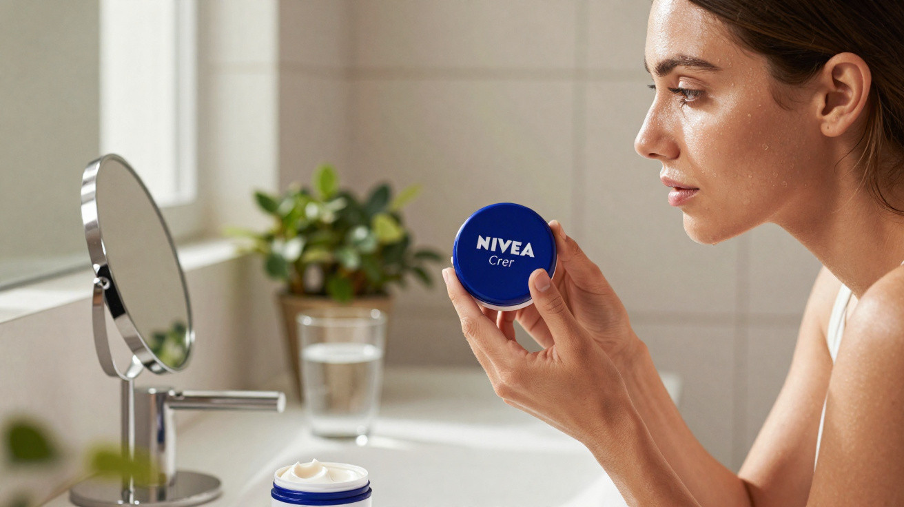 Frau hält Nivea Creme Dose vor Spiegel im Badezimmer, im Hintergrund Pflanze und Wasserglas.