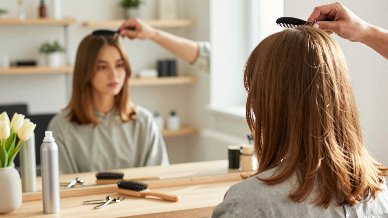 Frau kämmt sich vor Spiegel im Friseursalon mit Haarbürste an Holztisch mit Friseurwerkzeugen.