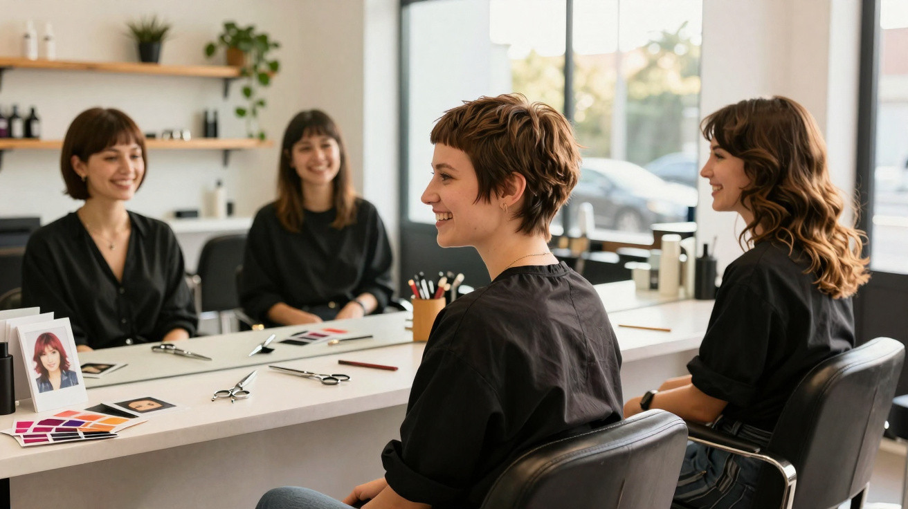 Drei Frauen in Friseursalon sitzen vor Spiegel und unterhalten sich lachend.