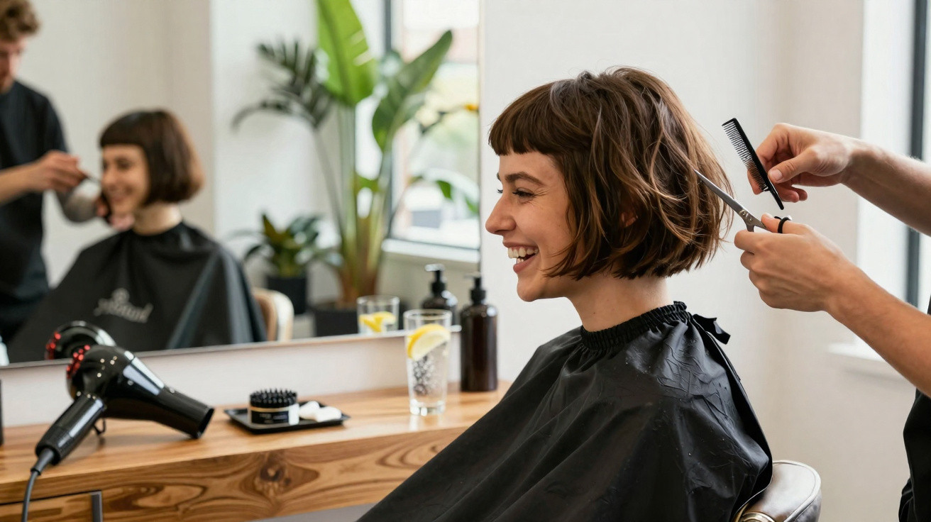 Frau mit kurzem braunem Haar bekommt im Friseursalon einen Haarschnitt, sie lächelt zufrieden.