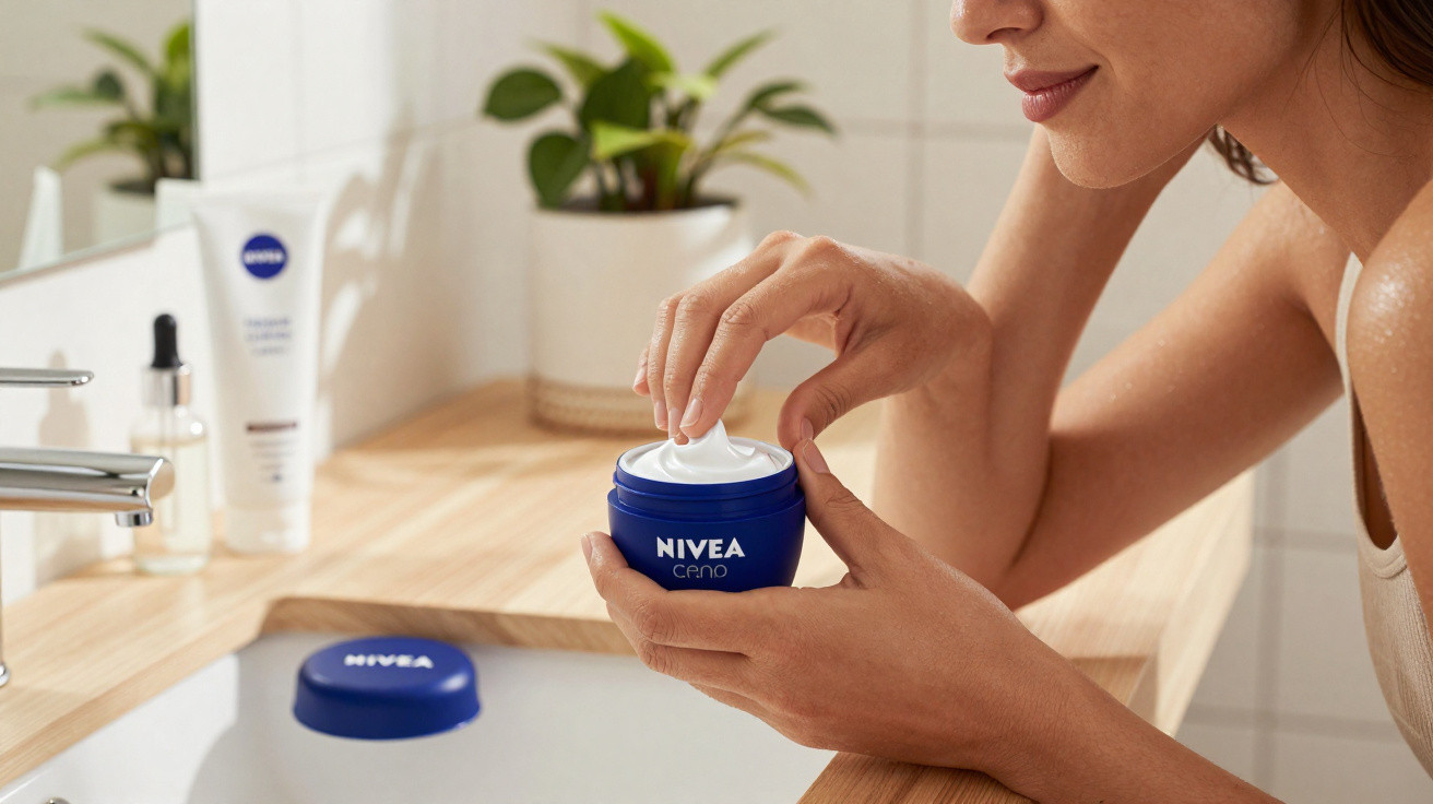 Frau nimmt Nivea Creme aus blauer Dose im Badezimmer vor Spiegel und Waschbecken.