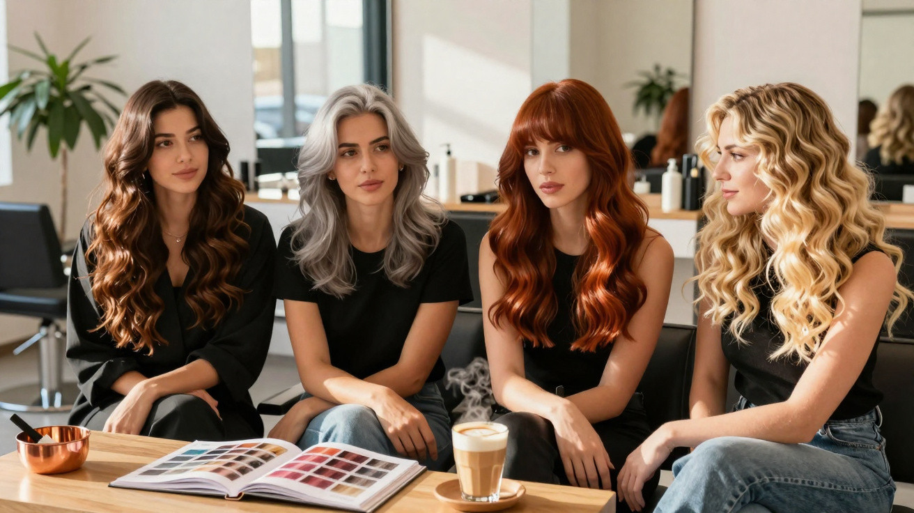 Vier Frauen mit unterschiedlichen Haarfarben und lockigen Frisuren sitzen in einem modernen Friseursalon.