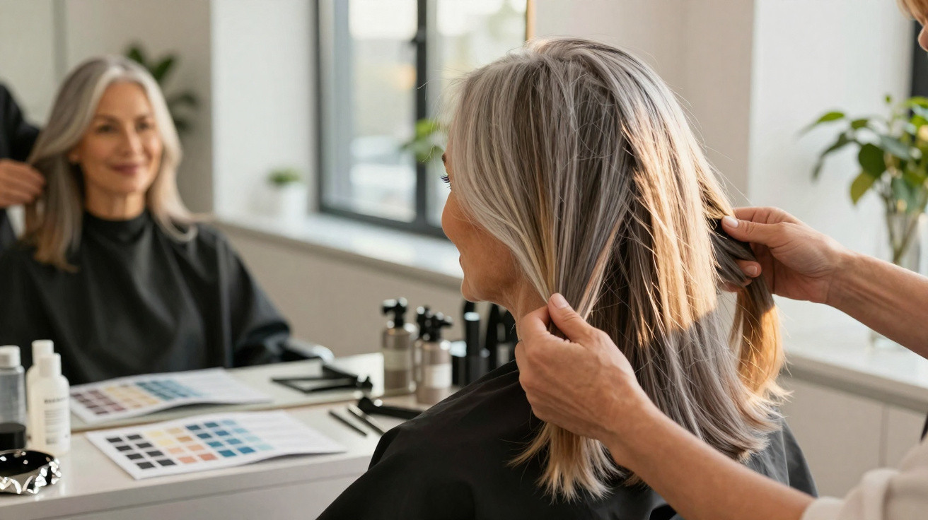 Ältere Frau mit grauem Haar sitzt im Friseursalon, während Stylistin ihr Haar begutachtet.