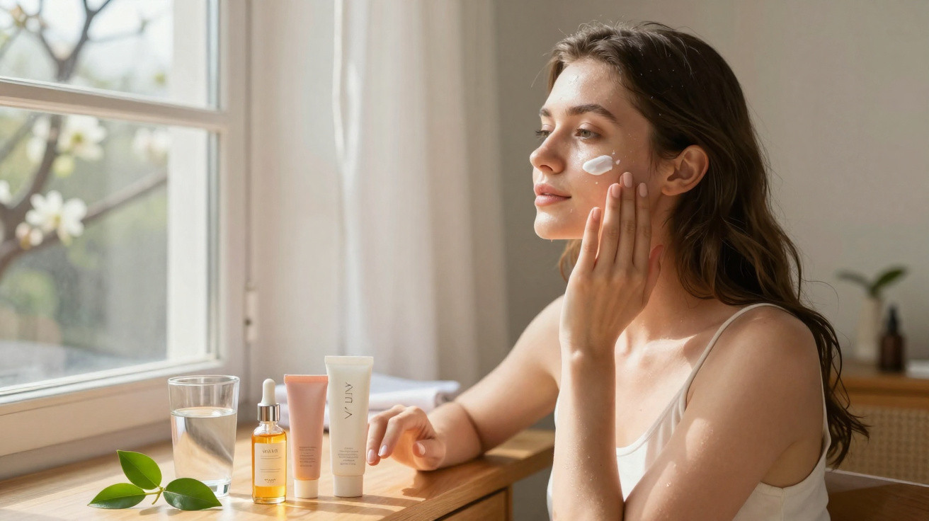 Frau trägt Sonnencreme auf Gesicht auf, sitzt am sonnigen Fenster mit Hautpflegeprodukten auf Holztisch.