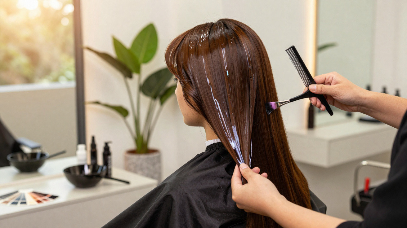 Frau im Friseursalon, die eine Haarbehandlung mit Pinsel und Kamm bekommt, Haare werden gepflegt.