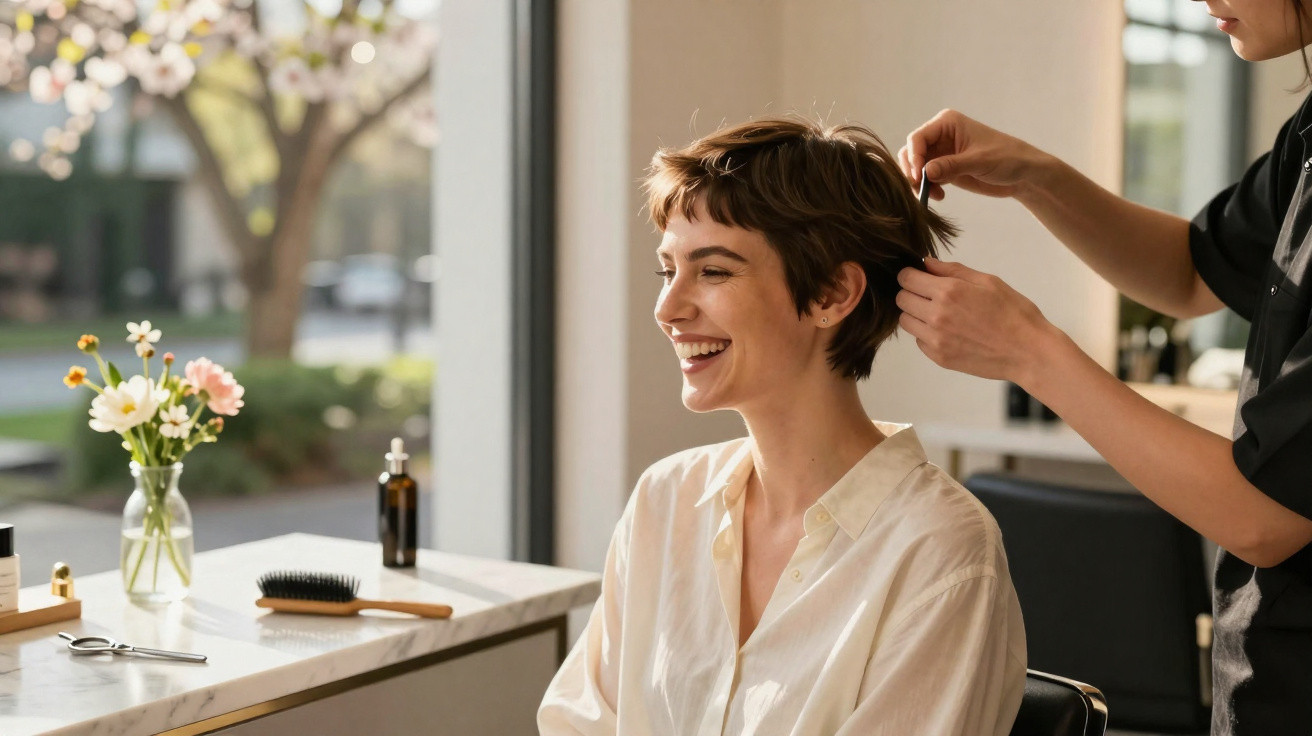 Fröhliche Frau mit kurzem Haar bekommt beim Friseur eine Frisur, sonnendurchfluteter Salon mit Blumen.