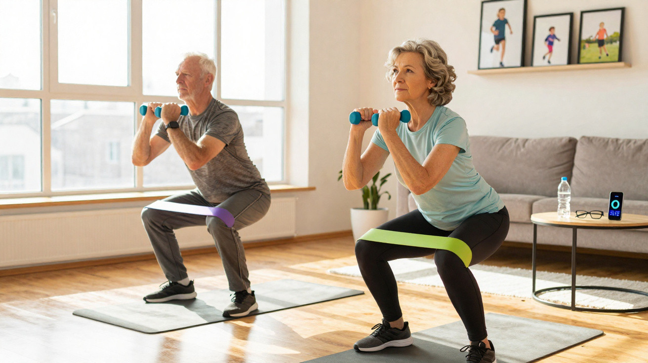 Älteres Paar macht Krafttraining mit Hanteln und Widerstandsbändern auf Yogamatten im hellen Wohnzimmer.