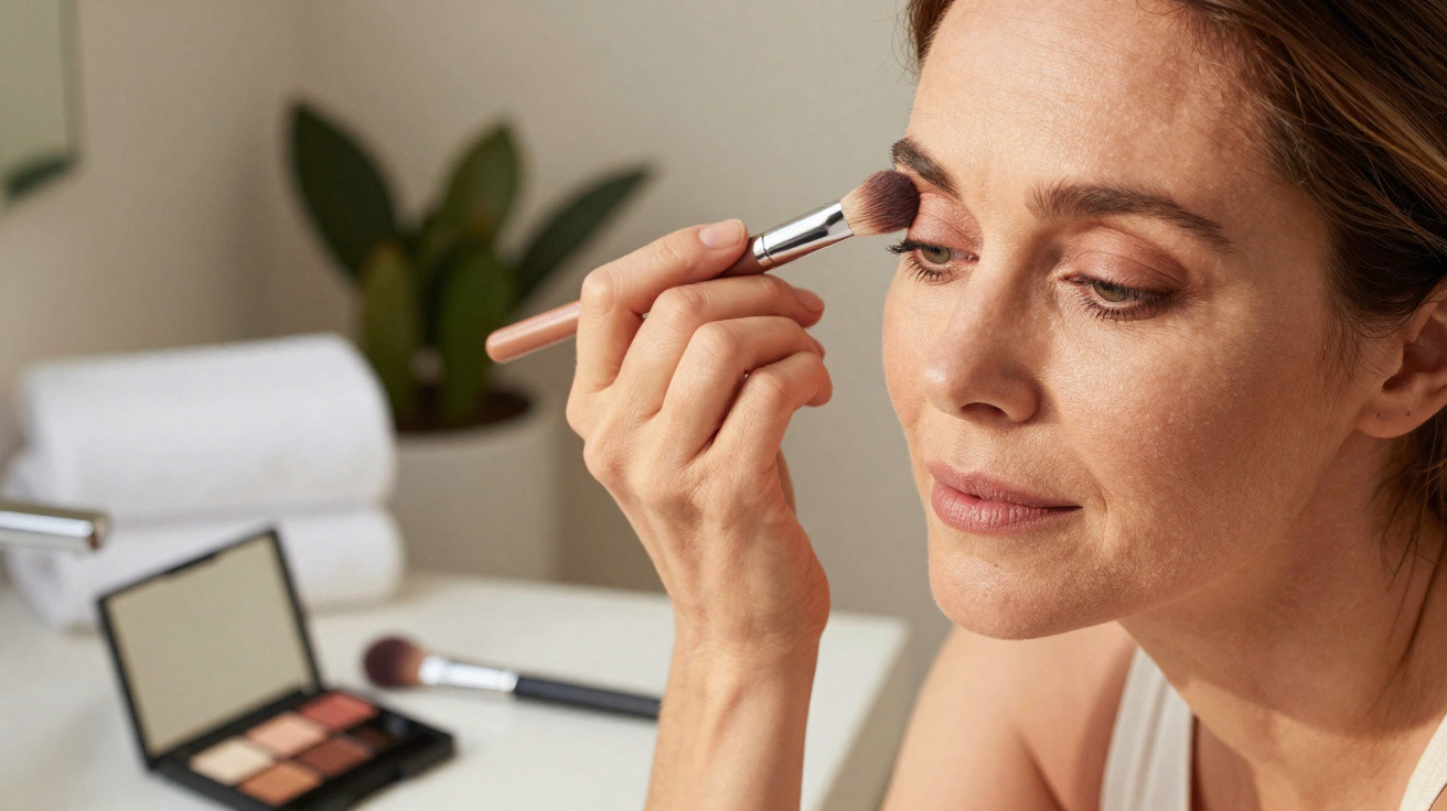 Frau trägt Lidschatten mit Pinsel auf, Make-up-Palette und Pinsel im Hintergrund auf Tisch.