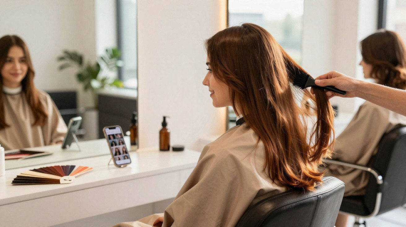 Frau sitzt im Friseursalon, während eine Hand ihr langes braunes Haar mit einer Bürste kämmt.