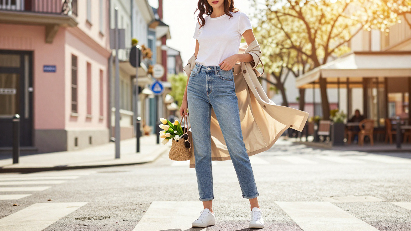 Frau in weißem T-Shirt, Jeans und Trenchcoat mit Korbtasche und Blumen steht auf Zebrastreifen in Stadt.