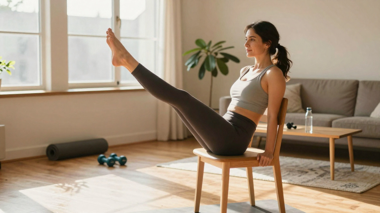 Frau macht Gymnastikübungen auf einem Stuhl in hellem Wohnzimmer mit Sportgeräten und Sofa im Hintergrund.