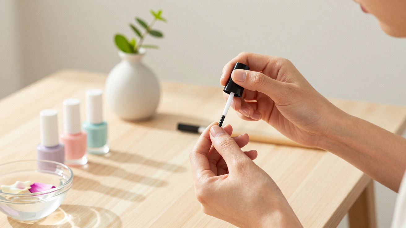 Person lackiert Fingernägel mit klarem Nagellack an einem Holztisch mit Pastell-Nagellackflaschen