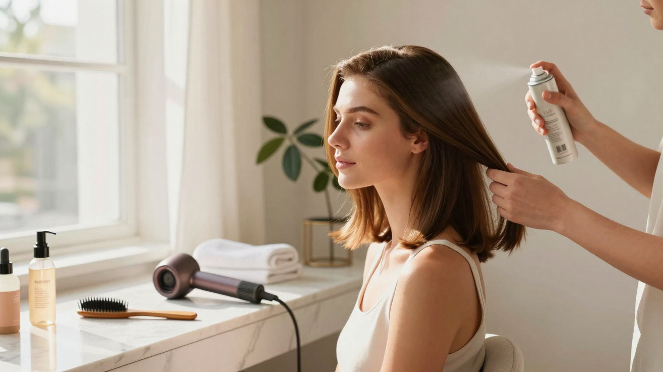 Frau lässt sich Haare im hellen Badezimmer von Friseur mit Haarspray stylen.
