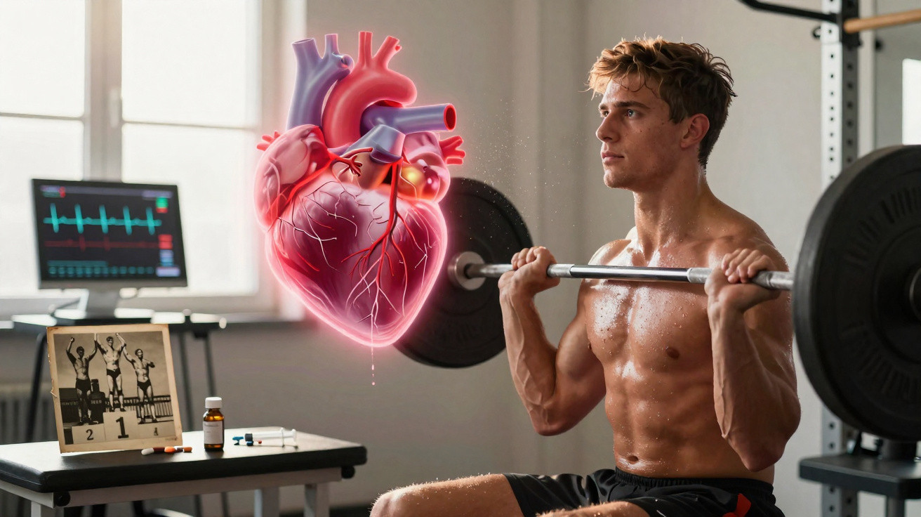 Muskulöser Mann trainiert mit Langhantel im Fitnessstudio, daneben leuchtende Illustration eines menschlichen Herzens.