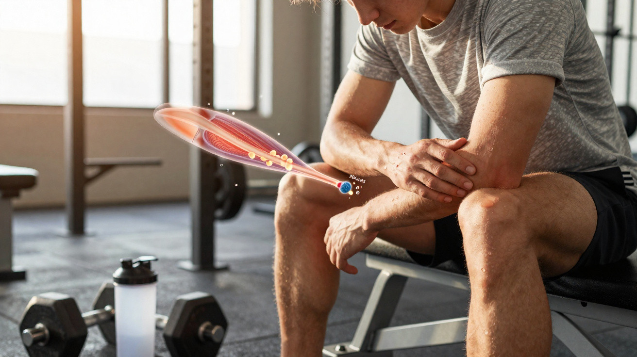 Mann im Fitnessstudio hält schmerzenden Ellbogen, digitale Darstellung von Entzündung im Gelenk sichtbar.