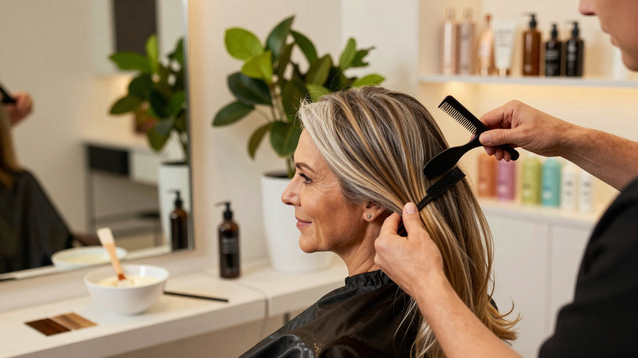 Friseurin kämmt blonde Frau im Friseursalon vor Spiegel und Pflanzen auf dem Tisch.