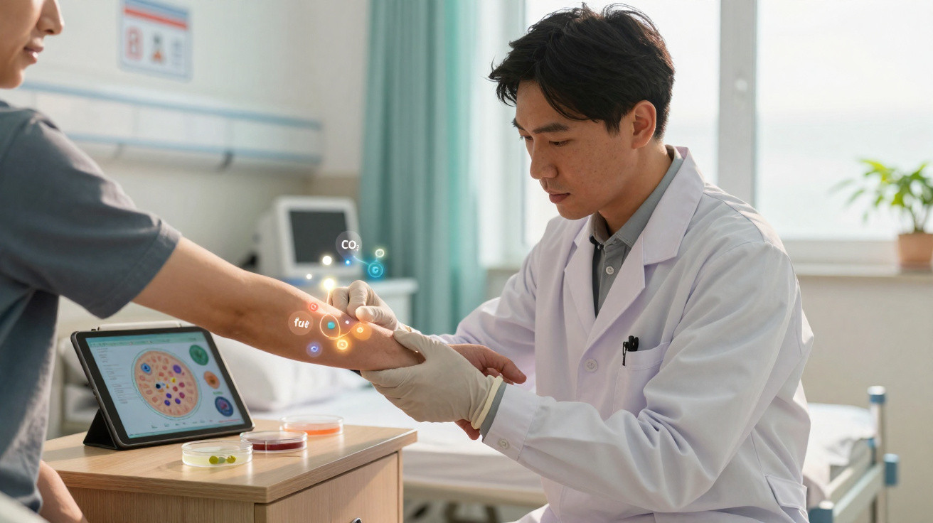 Arzt untersucht Arm eines Patienten mit medizinischer Simulation und Tablet im Krankenhauszimmer.