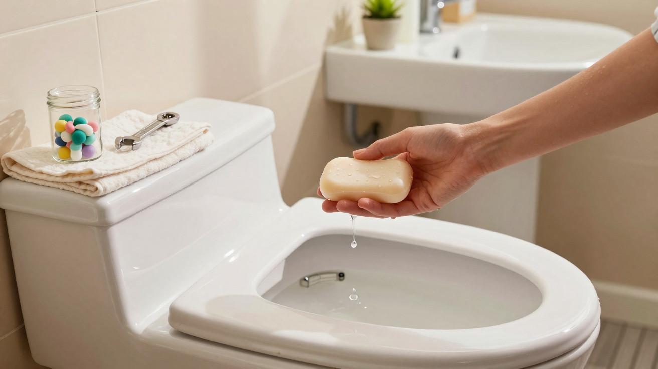 Hand hält tropfende Seife über eine offene weiße Toilette im Badezimmer, Waschbecken im Hintergrund.
