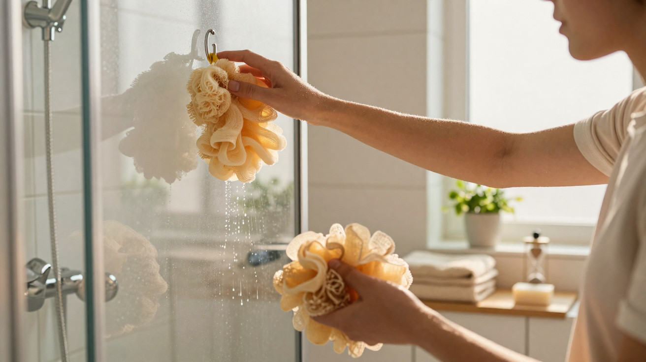 Person hängt feuchte Duschschwämme in einer hellen, modernen Badezimmerdusche auf.